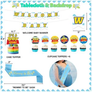 Party Inspo Cartoon Toy Baby Shower Decorations, It’s A Boy Toy Themed Story Decorations for Boy Backdrop Balloon Garland Banner Box Cutout Tablecloth Cake Cupcake Topper, Blue