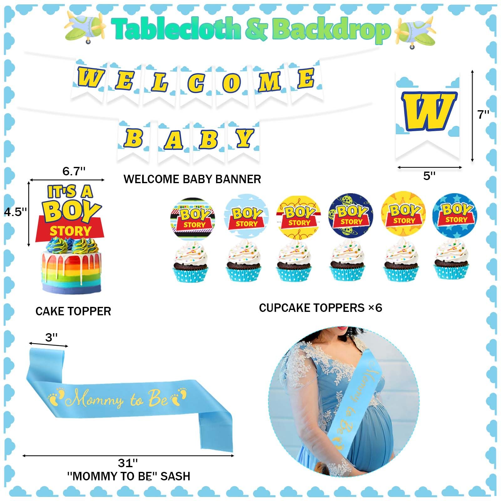 Party Inspo Cartoon Toy Baby Shower Decorations, It’s A Boy Toy Themed Story Decorations for Boy Backdrop Balloon Garland Banner Box Cutout Tablecloth Cake Cupcake Topper, Blue