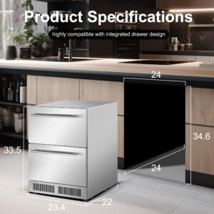 24 Inch Outdoor Drawer Fridge, Under Counter Double Drawer Beverage Refrigerator, 5.12 Cu.Ft. Weather Proof Stainless Steel Built-in Freezer Cooler for Patio Outdoor Kitchen, Indoor Outdoor Use