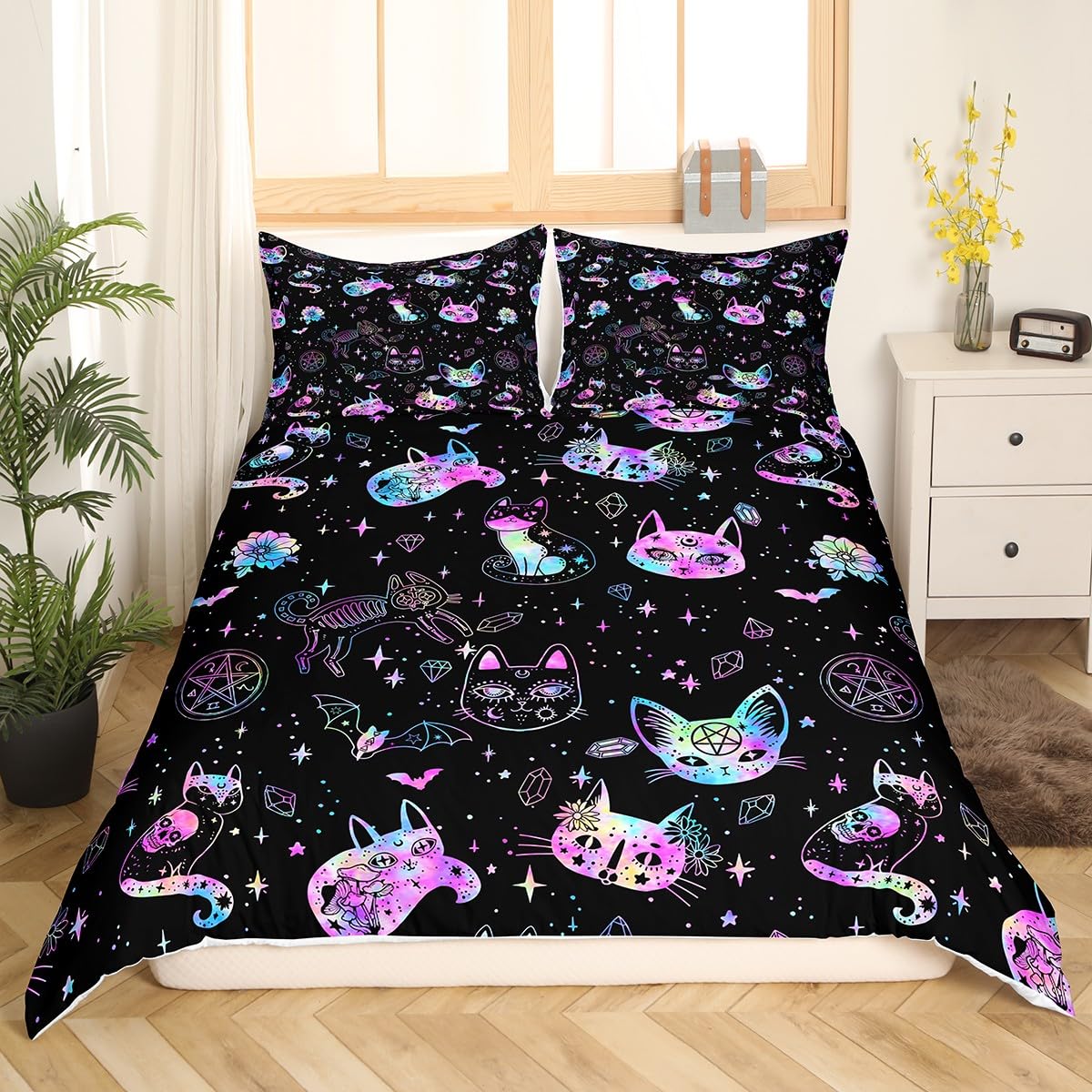 Ombre Cat Skull Duvet Cover Black Galaxy Starry Bedding Set Gothic Constellation Comforter Cover Room Decor White Bats Animal Bedspread Cover Queen Size with 2 Pillow Cases