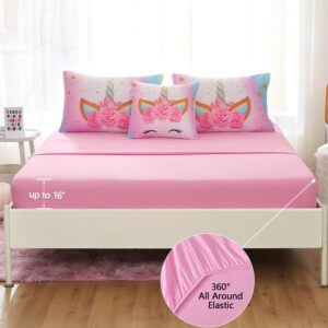 Keyroal 6Pcs Queen Comforter Set with Sheet,Unicorn Flower Bedding Set for Kids,Pink Rainbow Bed in a Bag Bedding for Girls-Smile Unicorn