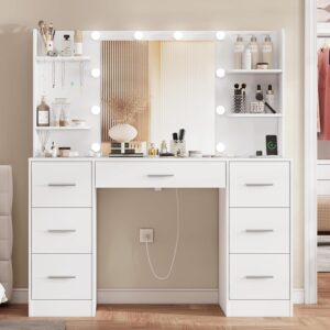 fioneso large makeup vanity, 43.3" vanity desk with mirror and lights, makeup vanity table with 7 drawers, 4 shelves, 5 jewel hooks & power strip, vanity desk set for bedroom, white