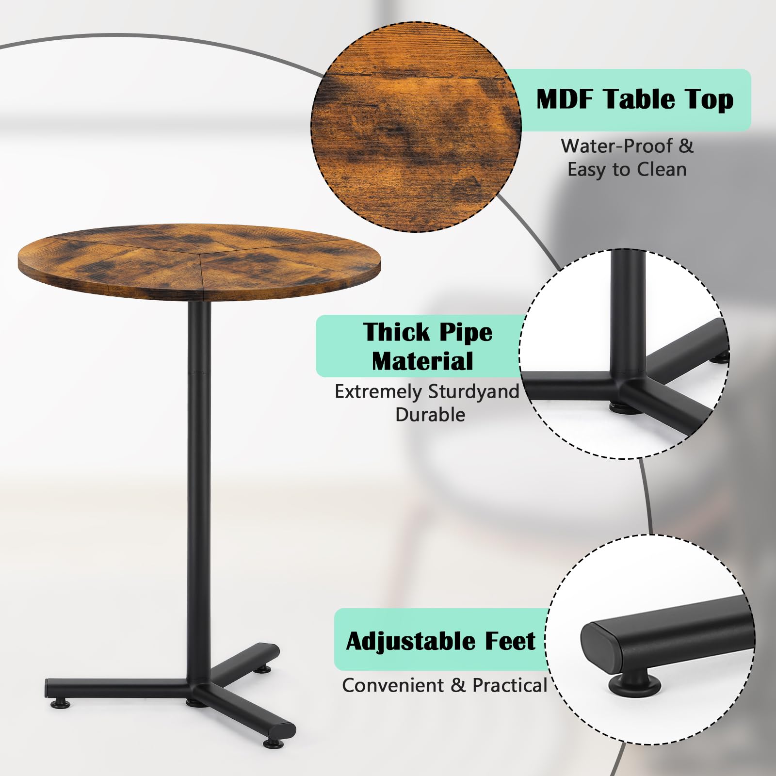 Small Round Dining Table,Modern Round Kitchen Table with Adjustable Base and Wood Top for Small Spaces,Space Saving Circle Coffee Table for Living Room,Dining Room,Kitchen,Rustic Brown