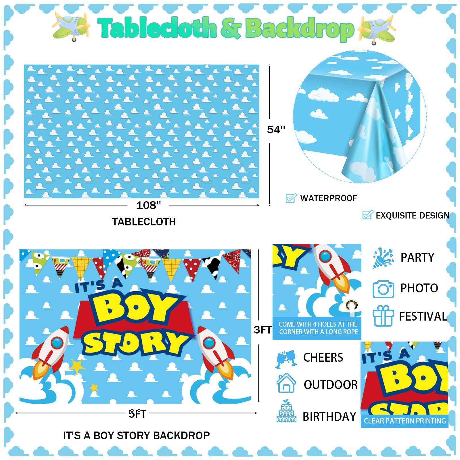 Party Inspo Cartoon Toy Baby Shower Decorations, It’s A Boy Toy Themed Story Decorations for Boy Backdrop Balloon Garland Banner Box Cutout Tablecloth Cake Cupcake Topper, Blue