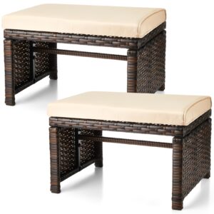 2 pcs patio rattan ottomans outdoor wicker ottomans patio footstool footrest with removable cushion soft zippered cushions function footstool seat table for backyard balcony poolside(beige, brown)