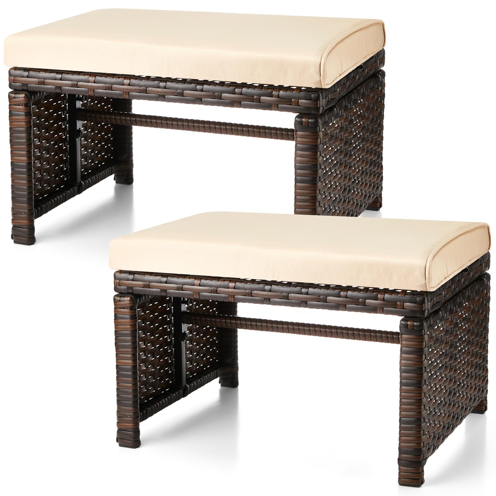 2 Pcs Patio Rattan Ottomans Outdoor Wicker Ottomans Patio Footstool Footrest with Removable Cushion Soft Zippered Cushions Function Footstool Seat Table for Backyard Balcony Poolside(Beige, Brown)