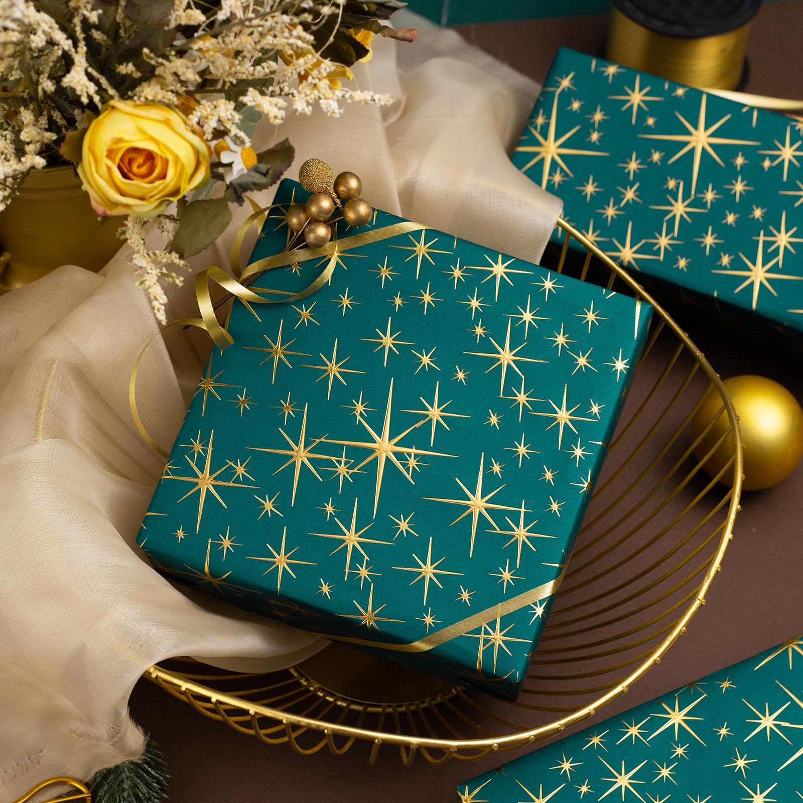 Garbendy Green Christams Wrapping Paper Roll-17inch x 32.8ft Embossing 3D Emerald Green with Gold Foil Star Design for Christmas, Birthday, Wedding, Baby Shower, Bridal Shower, Party