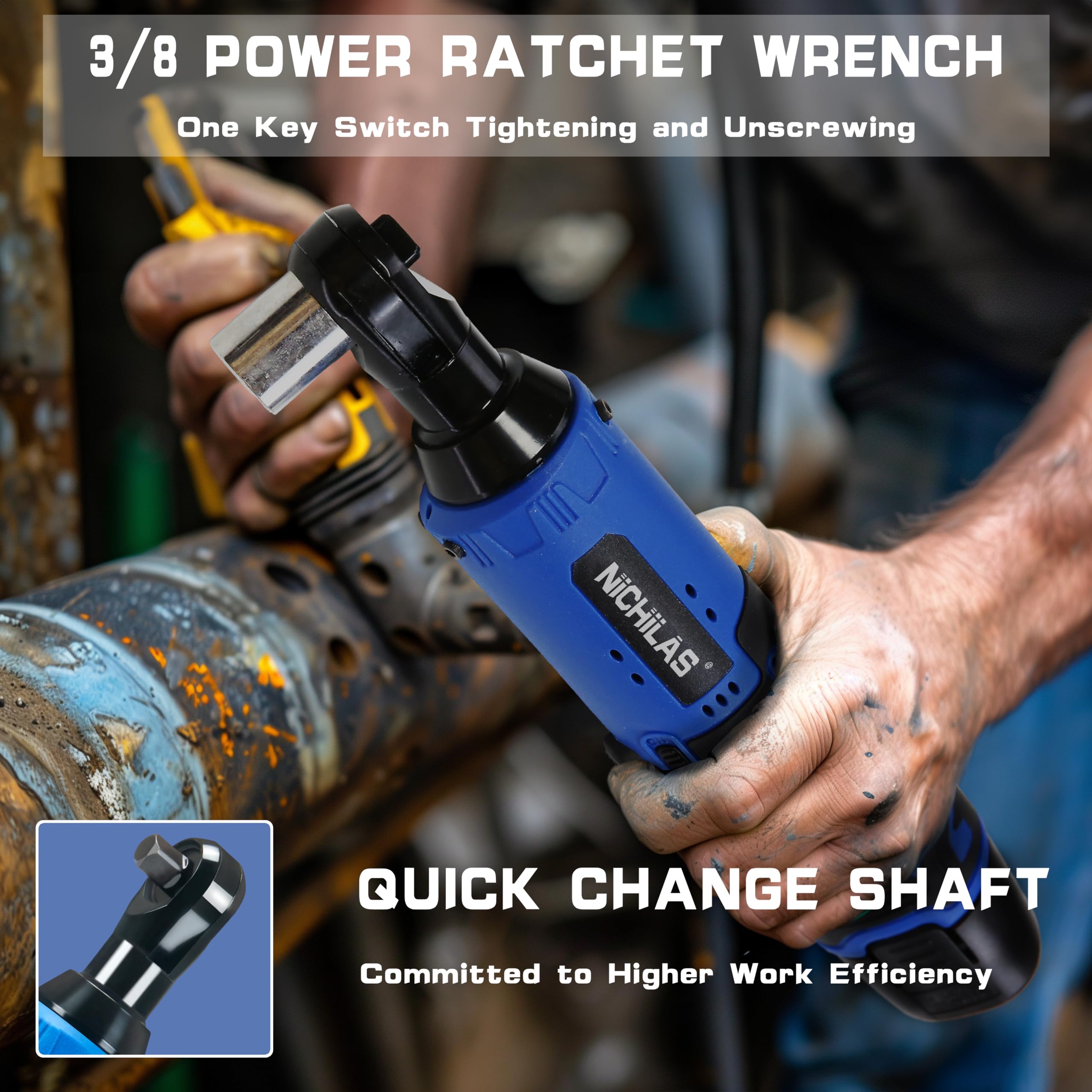 NICHILAS Cordless Electric Ratchet Wrench 3/8", 12V Power Ratchet Driver Tool with 7 Sockets & 2-Pack 2.0Ah Battery and Charger