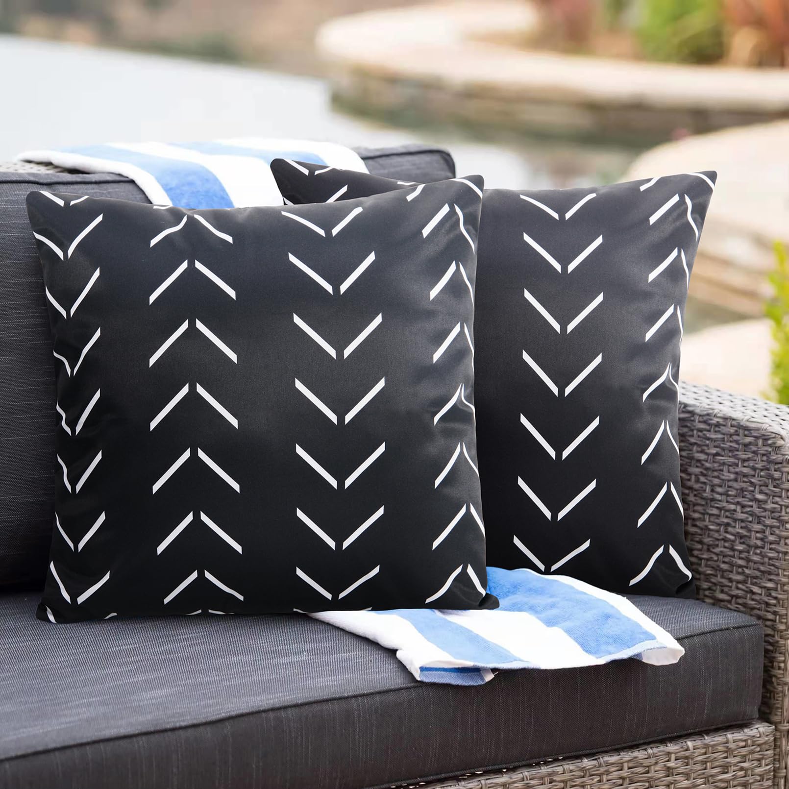 Adabana Outdoor Waterproof Throw Pillow Covers 16x16 Inch Black and White Decorative Boho Pillows Cover Set of 2 for Patio Garden Porch