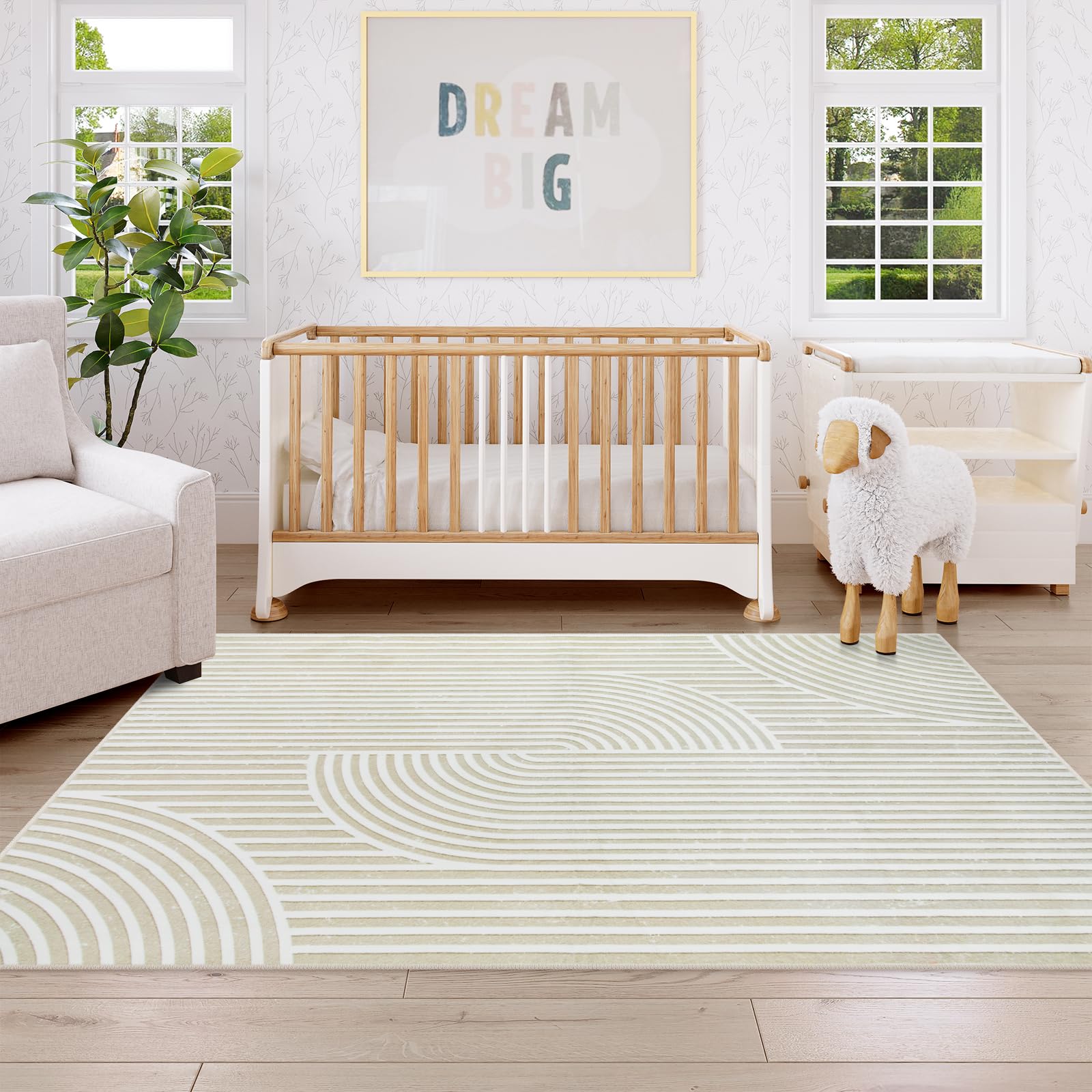 Lahome Rainbow Area Rug for Bedroom, Modern Nursery Playroom Rug Large Area Rugs 5x7 for Bedroom Aesthetic, Living Room Boho Machine Washable Beige Area Rug Non Slip Floor Carpet for Office Dorm