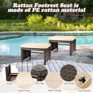 2 Pcs Patio Rattan Ottomans Outdoor Wicker Ottomans Patio Footstool Footrest with Removable Cushion Soft Zippered Cushions Function Footstool Seat Table for Backyard Balcony Poolside(Beige, Brown)