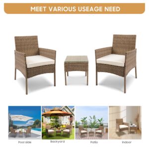 YIYAN 3 Pieces Patio Bistro Set Outdoor Wicker Furniture Outdoor Porch PE Rattan Wicker Chairs Furniture Sets with Sofa Chairs,Glass Coffee Table and White Washable Cushion