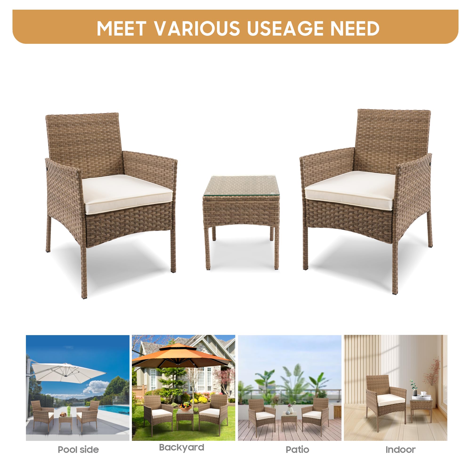 YIYAN 3 Pieces Patio Bistro Set Outdoor Wicker Furniture Outdoor Porch PE Rattan Wicker Chairs Furniture Sets with Sofa Chairs,Glass Coffee Table and White Washable Cushion