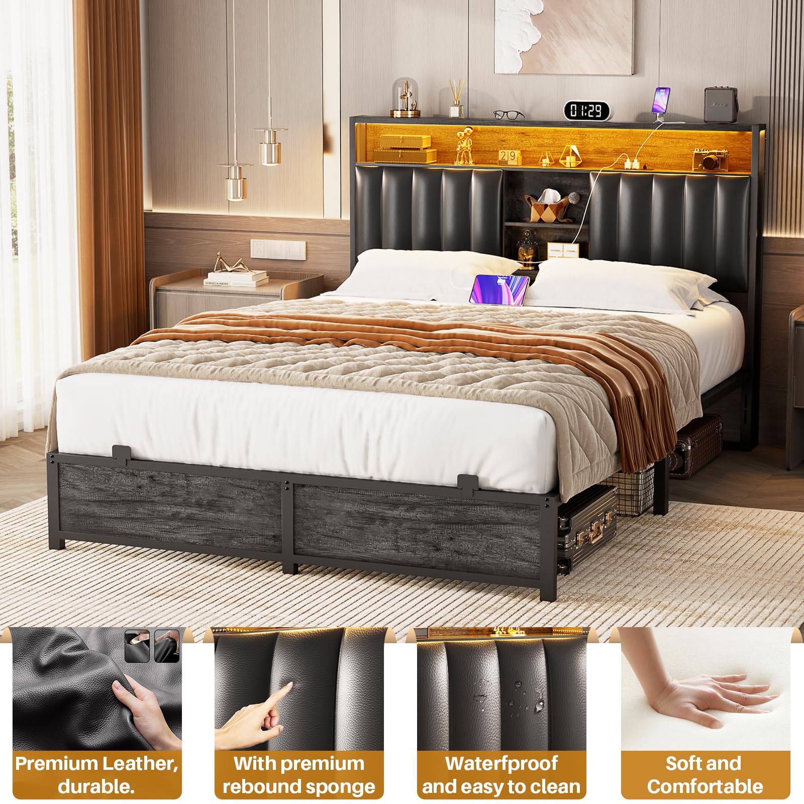 Aheaplus Full Bed Frame with Charging Station & Led Lights, Platform Bed with Leather Upholstered Headboard and Storage, Metal Slats Support, No Box Spring Needed, Noise-Free, Easy Assembly, Black Oak