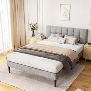 sismplly queen size platform bed frame with upholstered headboard, modern bed with wooden slat, no box spring needed, easy assembly, mattress foundation, light grey