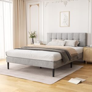 Sismplly Queen Size Platform Bed Frame with Upholstered Headboard, Modern Bed with Wooden Slat, No Box Spring Needed, Easy Assembly, Mattress Foundation, Light Grey