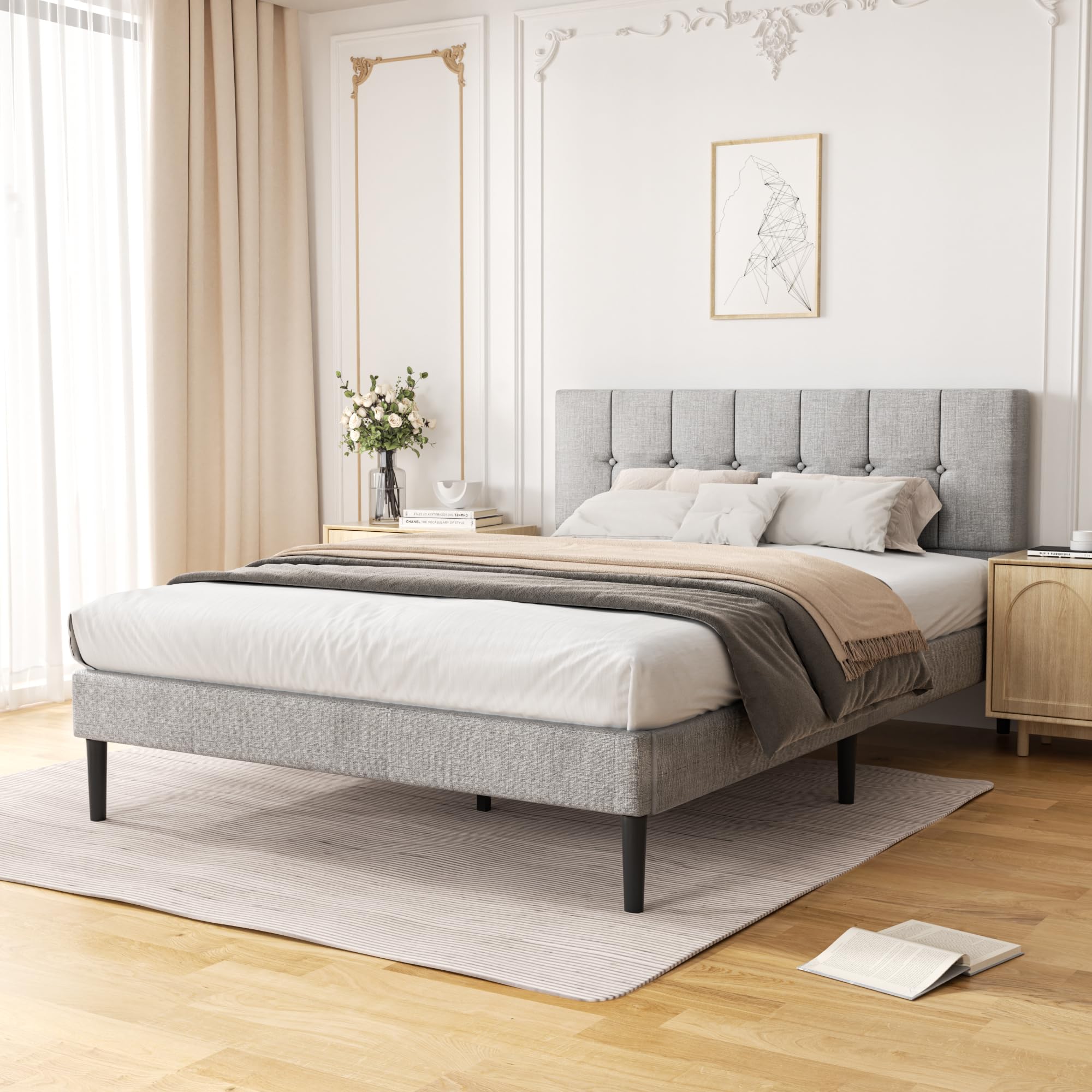 Sismplly Queen Size Platform Bed Frame with Upholstered Headboard, Modern Bed with Wooden Slat, No Box Spring Needed, Easy Assembly, Mattress Foundation, Light Grey