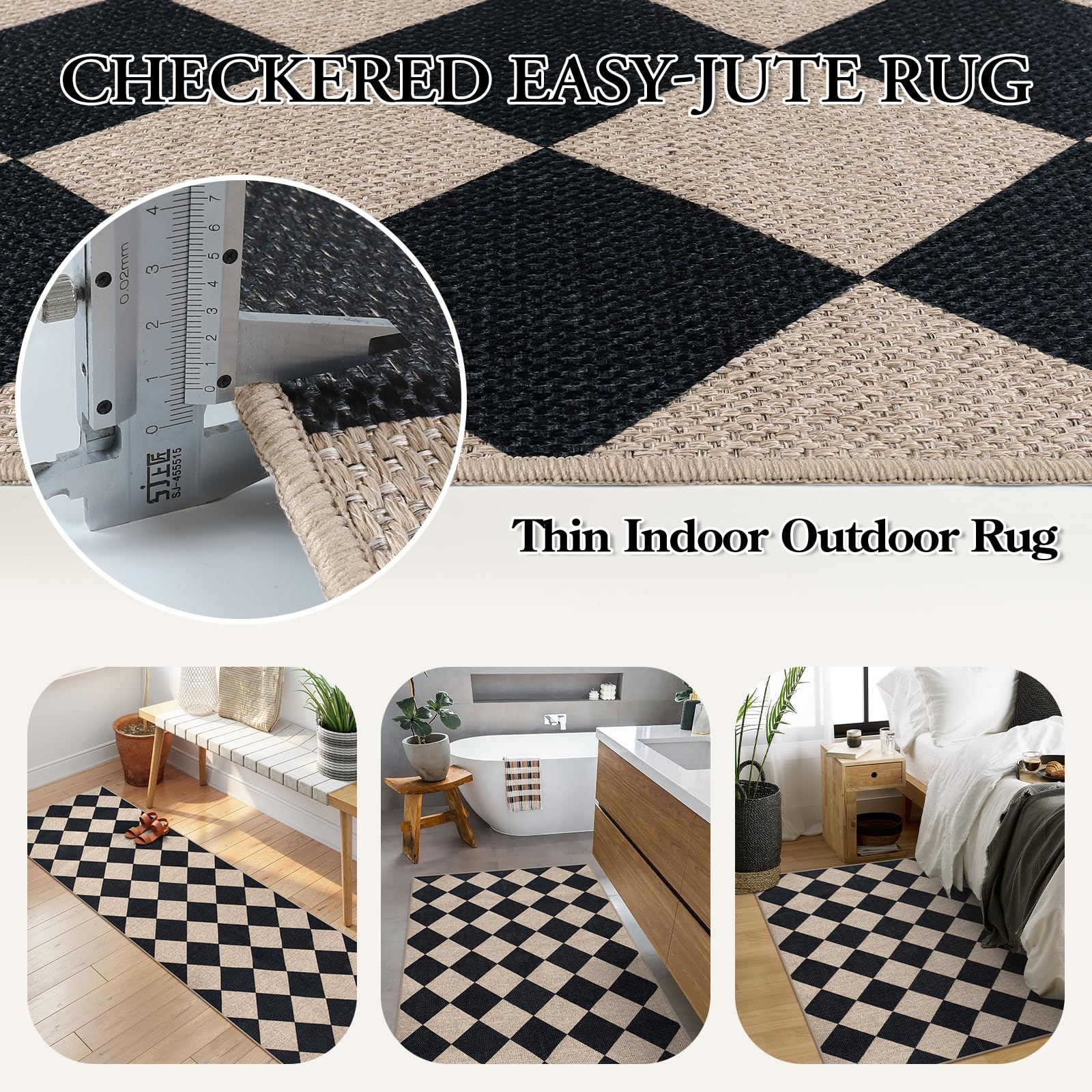 Lahome Checkered Easy Jute Area Rug, 3x5 Outdoor Patio Rug Washable Rugs for Entryway Diamond Indoor Outdoor Living Room Rugs, Farmhouse Neutral Non Slip Black Carpet for Backyard Bedroom