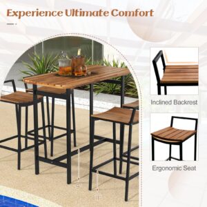 Tangkula 5 Piece Acacia Wood Bar Table Set, Outdoor Bar Height Table & Chairs with Metal Frame & Footrest, Patio Bar Table Set for 4, Patio Furniture Bistro Set for Deck, Garden & Poolside