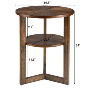 VERDANTREE 19.3 Small Round End Table with Storage Open Shelf, Narrow Side Table, Telephoto Table, Farmhouse Beside Table with Solid Wood Leg for Living Room, Easy Assembly, Vintage Brown BZ3338NC