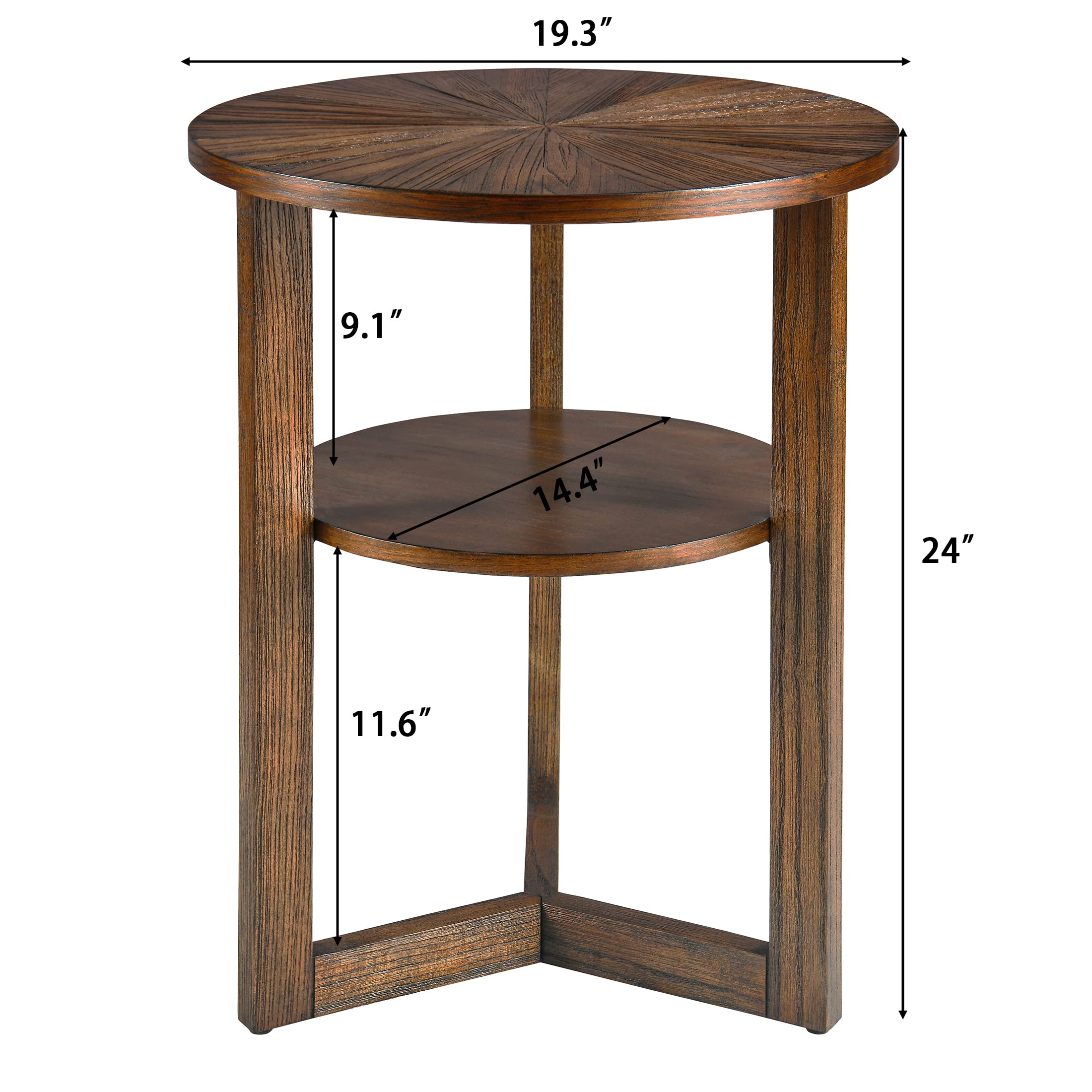 VERDANTREE 19.3 Small Round End Table with Storage Open Shelf, Narrow Side Table, Telephoto Table, Farmhouse Beside Table with Solid Wood Leg for Living Room, Easy Assembly, Vintage Brown BZ3338NC