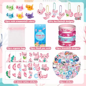 EYxsaxenk 122Pcs Axolotl Party Favor Pack of Reptile Animal Rubber Bracelet Resin Ornaments Temporary Tatto Sticker Keychain with Thank You Cards and Organza Bag for Axolotl Party Goodie Bag Supply