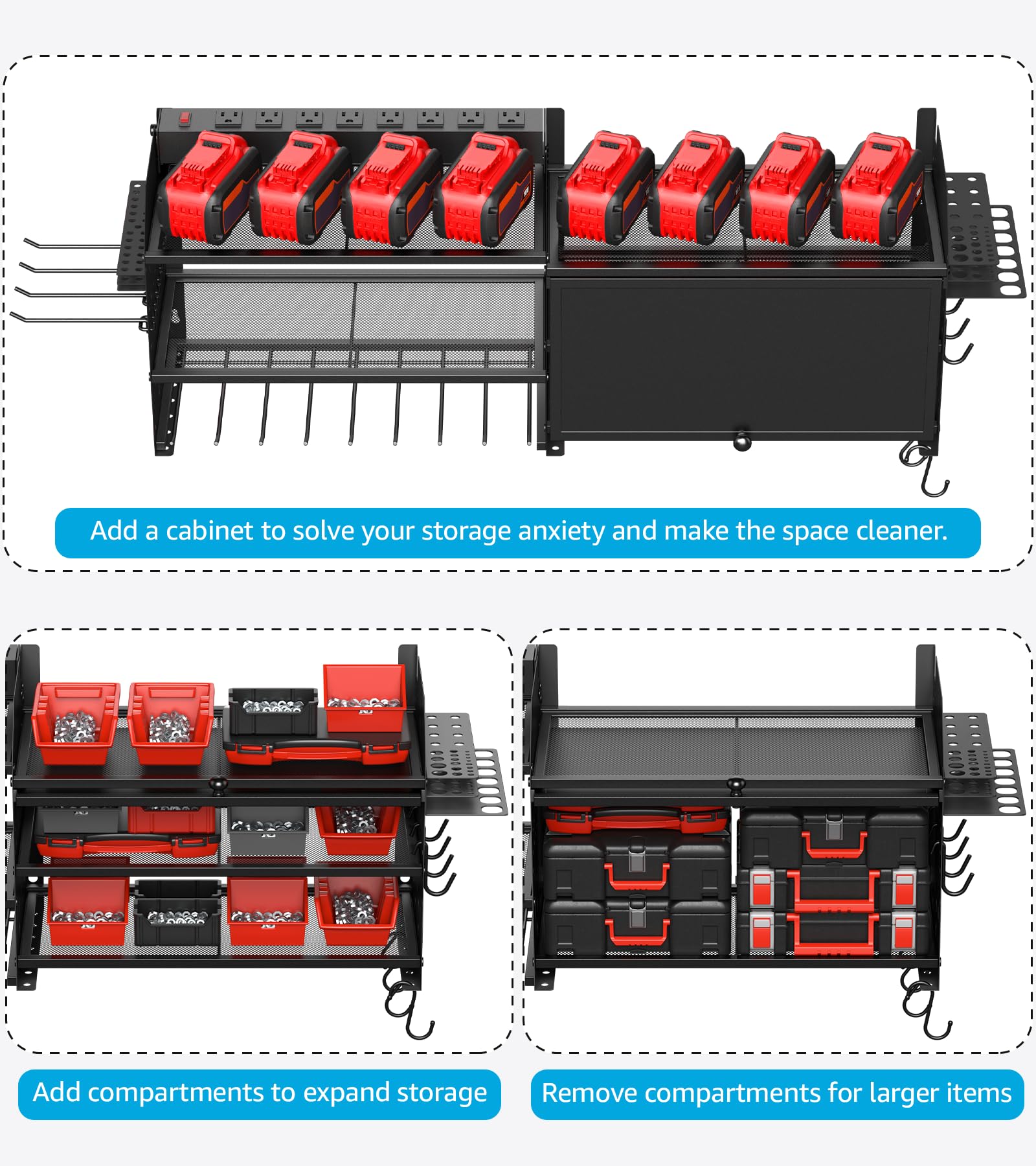 CCCEI Power Tools Organizers with Charging Station. Drills and Battery Holder Wall Mount with Cabinet Storage. Garage Rack Shelf with Power Strip. Gifts for Men, Father.