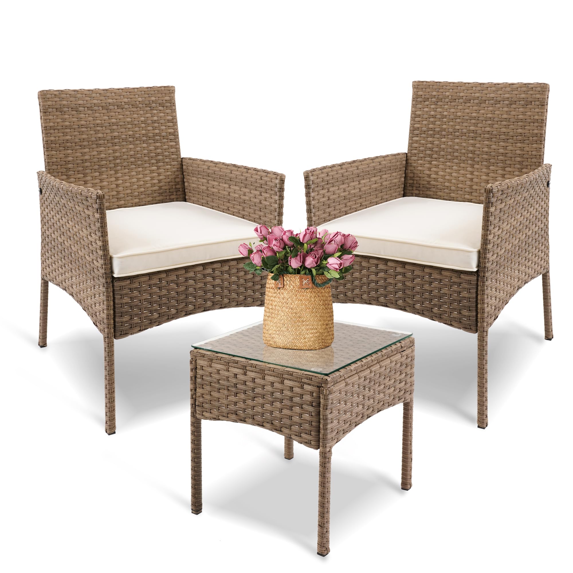 YIYAN 3 Pieces Patio Bistro Set Outdoor Wicker Furniture Outdoor Porch PE Rattan Wicker Chairs Furniture Sets with Sofa Chairs,Glass Coffee Table and White Washable Cushion