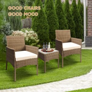 YIYAN 3 Pieces Patio Bistro Set Outdoor Wicker Furniture Outdoor Porch PE Rattan Wicker Chairs Furniture Sets with Sofa Chairs,Glass Coffee Table and White Washable Cushion