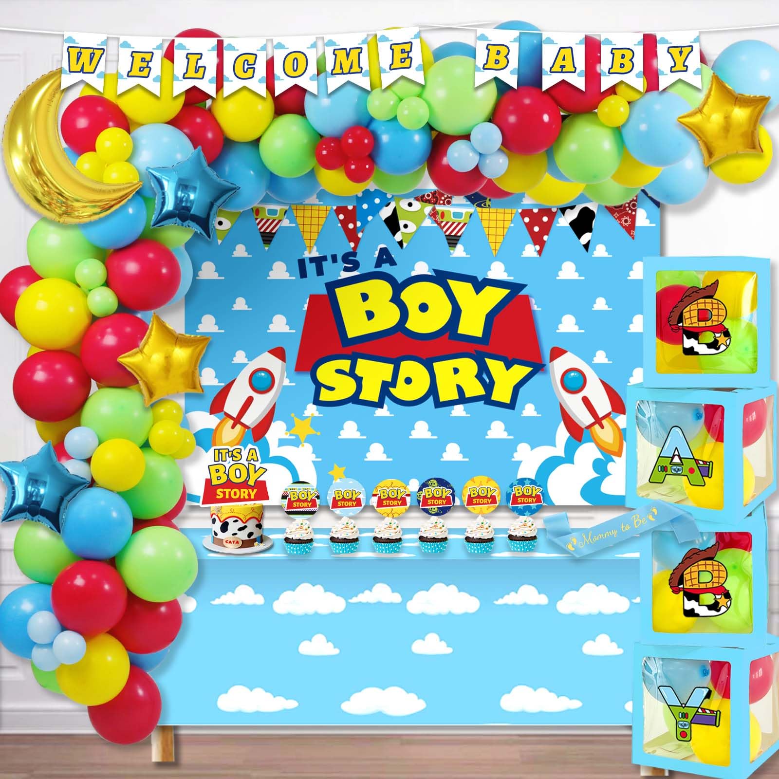 Party Inspo Cartoon Toy Baby Shower Decorations, It’s A Boy Toy Themed Story Decorations for Boy Backdrop Balloon Garland Banner Box Cutout Tablecloth Cake Cupcake Topper, Blue