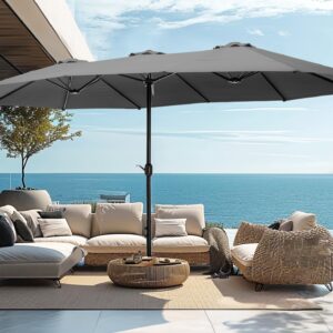 PHI VILLA 15ft Large Patio Umbrellas with Base, Outdoor Double-Sided Rectangle Market Umbrella for Pool Lawn Garden, Light Gray