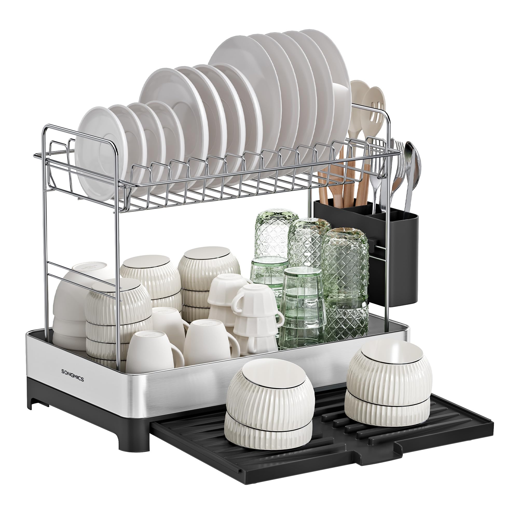 SONGMICS 2-Tier Small Dish Drying Rack, Expandable Dish Dryer for Kitchen Counter, Stainless Steel Dish Rack with Utensil Holder, Rustproof, for Dishes, Knives, Spoons, Forks, Silver Black UKCS036B01