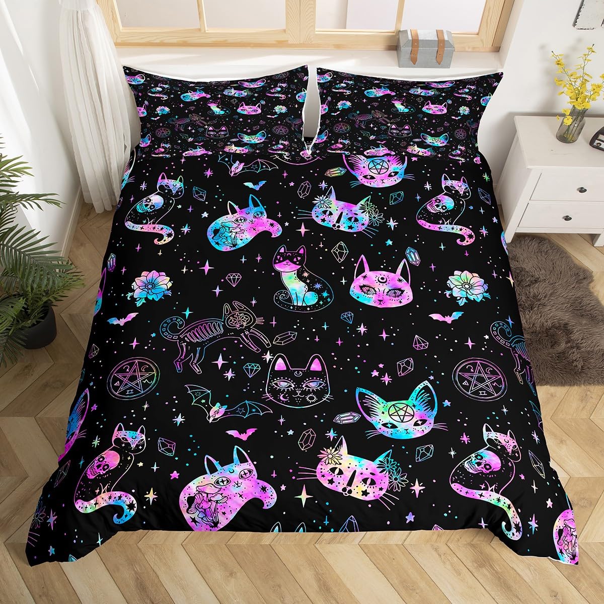 Ombre Cat Skull Duvet Cover Black Galaxy Starry Bedding Set Gothic Constellation Comforter Cover Room Decor White Bats Animal Bedspread Cover Queen Size with 2 Pillow Cases