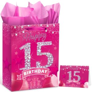 15th birthday gift bag for 15 year old teen girls sweet 15 gift bag with card and tissue paper pink 15th birthday wrapping paper bag 15th birthday decorations for girls 15 years old girl gift ideas