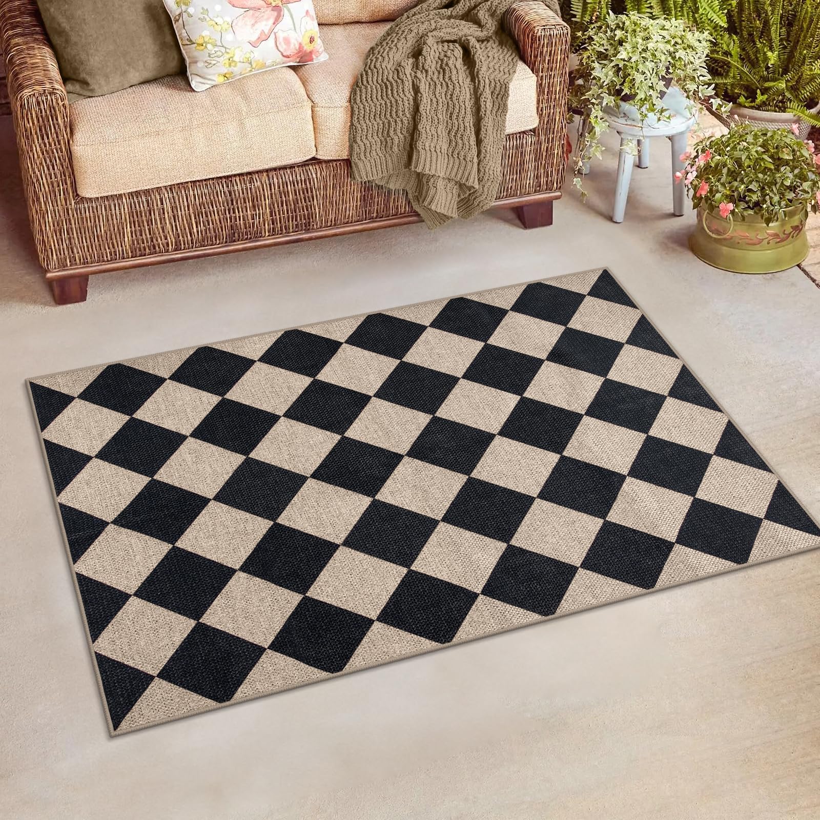 Lahome Checkered Easy Jute Area Rug, 3x5 Outdoor Patio Rug Washable Rugs for Entryway Diamond Indoor Outdoor Living Room Rugs, Farmhouse Neutral Non Slip Black Carpet for Backyard Bedroom