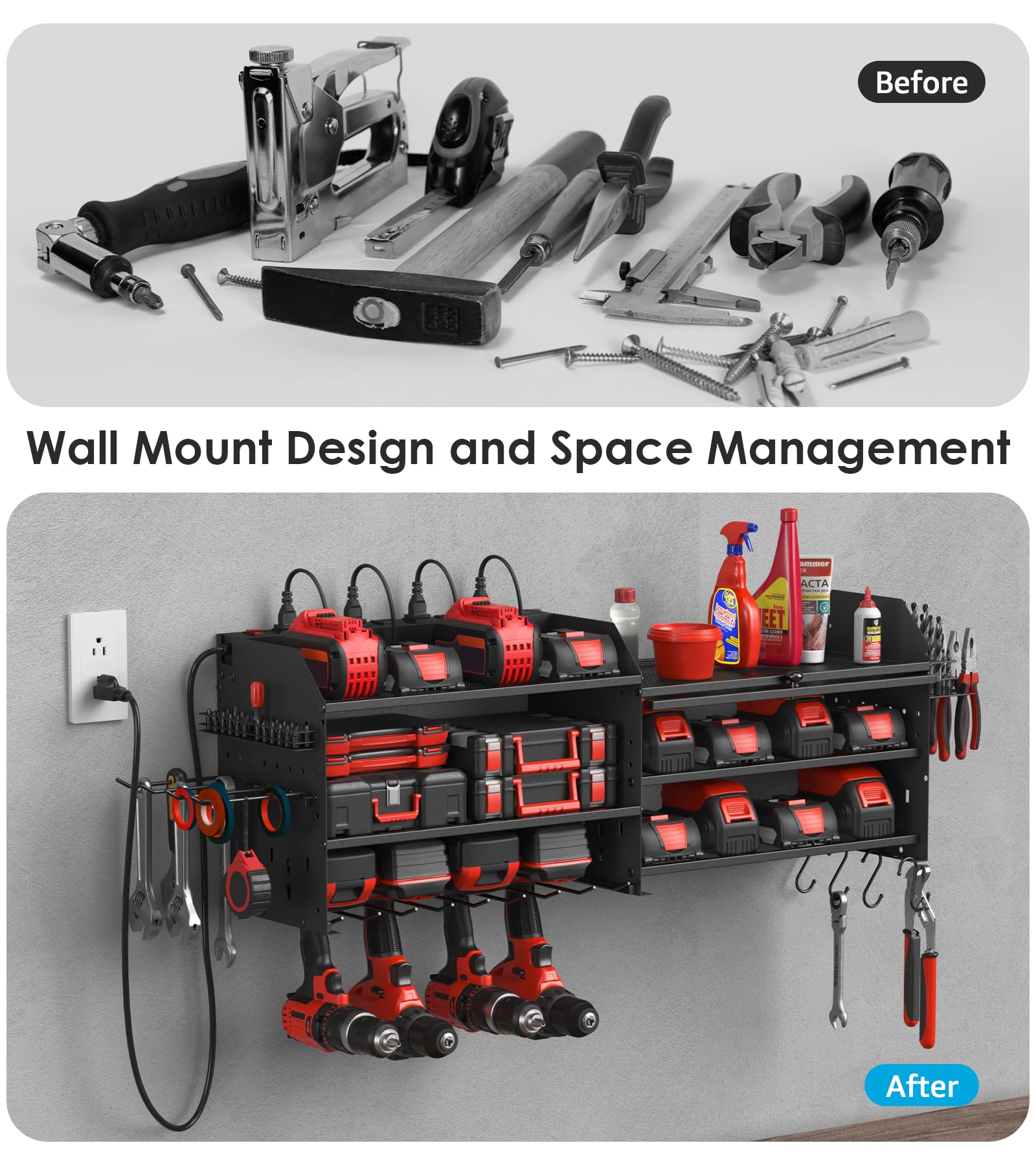 CCCEI Power Tools Organizers with Charging Station. Drills and Battery Holder Wall Mount with Cabinet Storage. Garage Rack Shelf with Power Strip. Gifts for Men, Father.