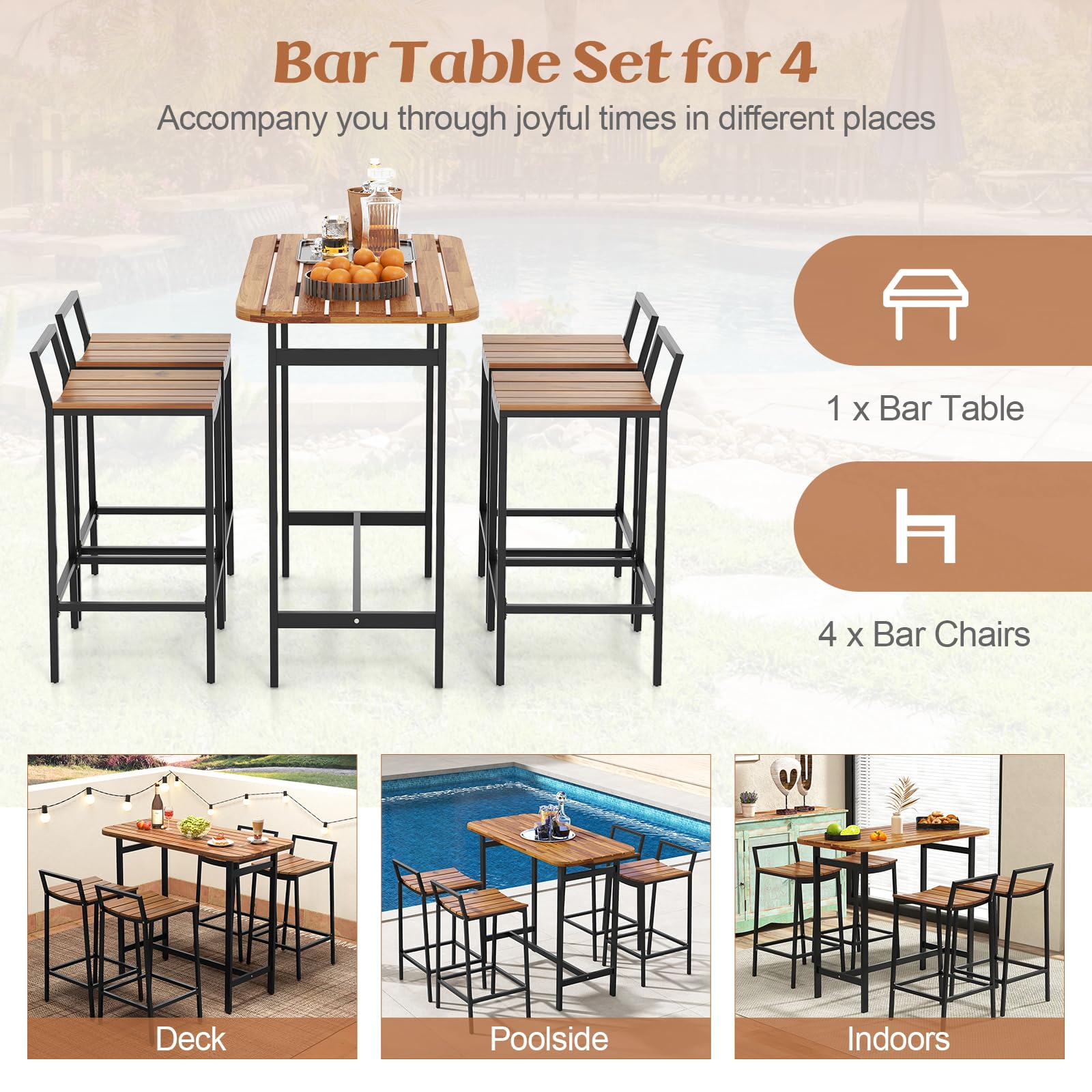 Tangkula 5 Piece Acacia Wood Bar Table Set, Outdoor Bar Height Table & Chairs with Metal Frame & Footrest, Patio Bar Table Set for 4, Patio Furniture Bistro Set for Deck, Garden & Poolside