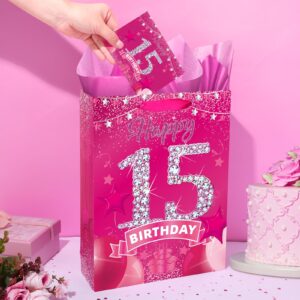 15th Birthday Gift Bag for 15 Year Old Teen Girls Sweet 15 Gift Bag with Card and Tissue Paper Pink 15th Birthday Wrapping Paper Bag 15th Birthday Decorations for Girls 15 Years Old Girl Gift Ideas