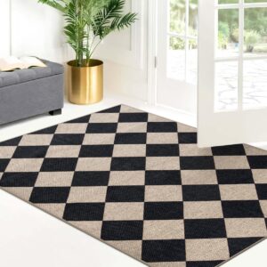 Lahome Checkered Easy Jute Area Rug, 3x5 Outdoor Patio Rug Washable Rugs for Entryway Diamond Indoor Outdoor Living Room Rugs, Farmhouse Neutral Non Slip Black Carpet for Backyard Bedroom