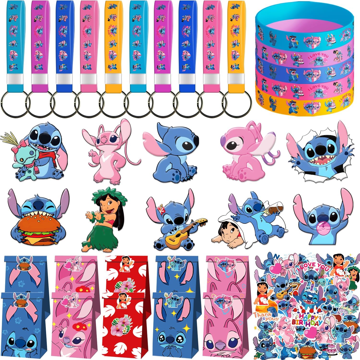 desmilo 90pcs Birthday Decorations Include 10 Bracelets, 10 Keychains, 10 Acrylic Button Pins, 10 Paper Bags, and 50 Stickers, Party Supplies for Birthday Party Favors Set