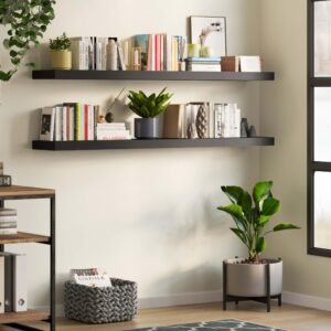 Wallniture Ronda 60 inch Floating Shelf, Wall Shelves for Living Room, Floating Bookshelves for Wall, Hanging Shelves for Bedroom, Kitchen Storage, Black Shelf, 2 pcs