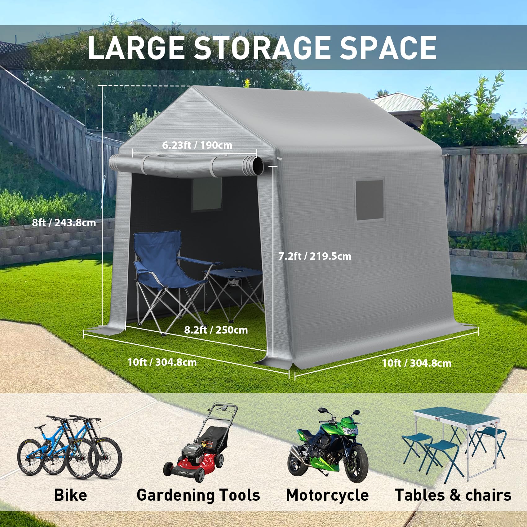 MESTYL 10x10 FT Heavy Duty Carport Outdoor Storage Shed with Roll-up Zipper Door and Ventilated Windows,Waterproof and UV Resistant Portable Garage,Motorcycle ATV Bike Tent Shelter Garden Tools,Gray