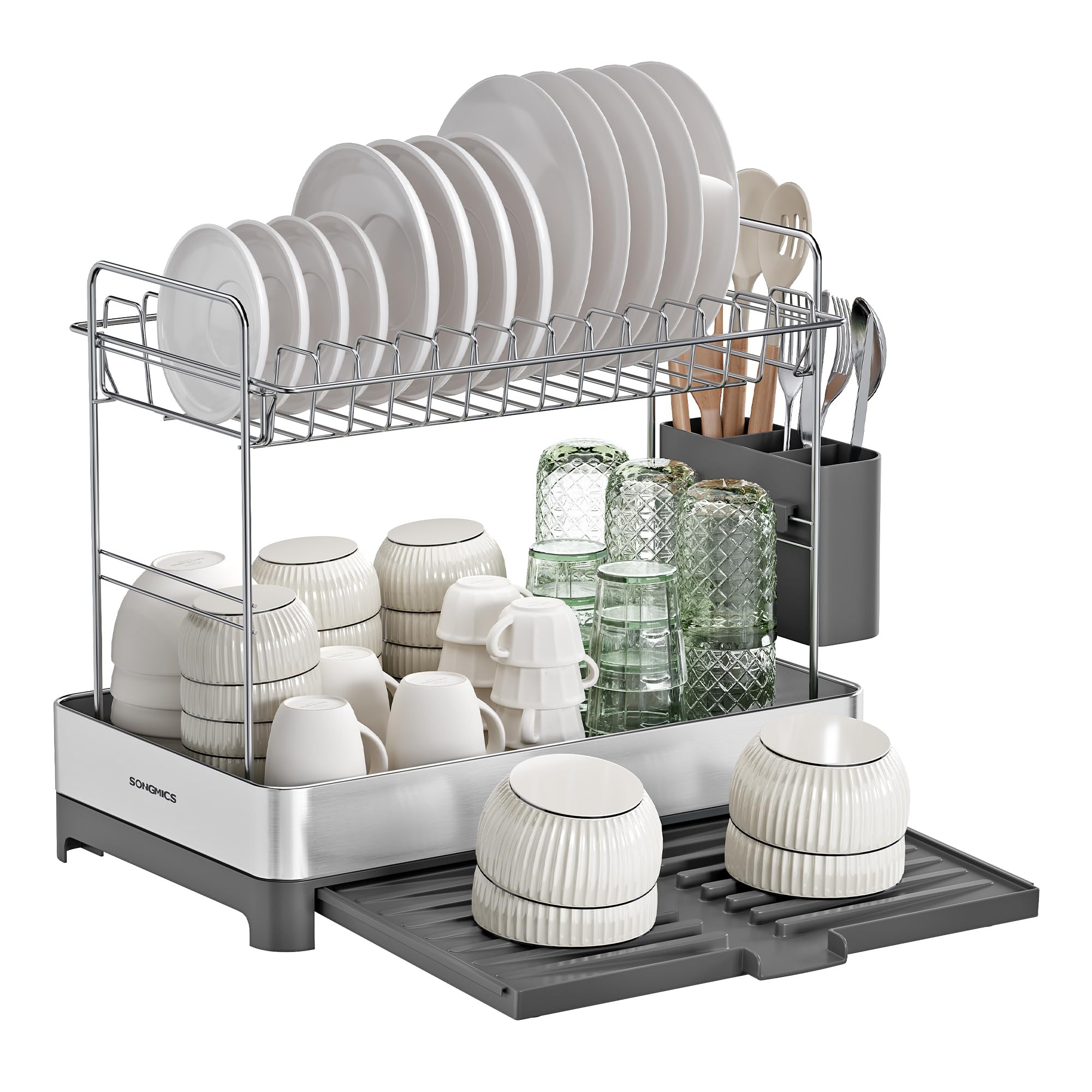 SONGMICS 2-Tier Small Dish Drying Rack, Expandable Dish Dryer for Kitchen Counter, Stainless Steel Dish Rack with Utensil Holder, Rustproof, for Dishes, Knives, Spoons, Forks, Silver Gray UKCS036G01