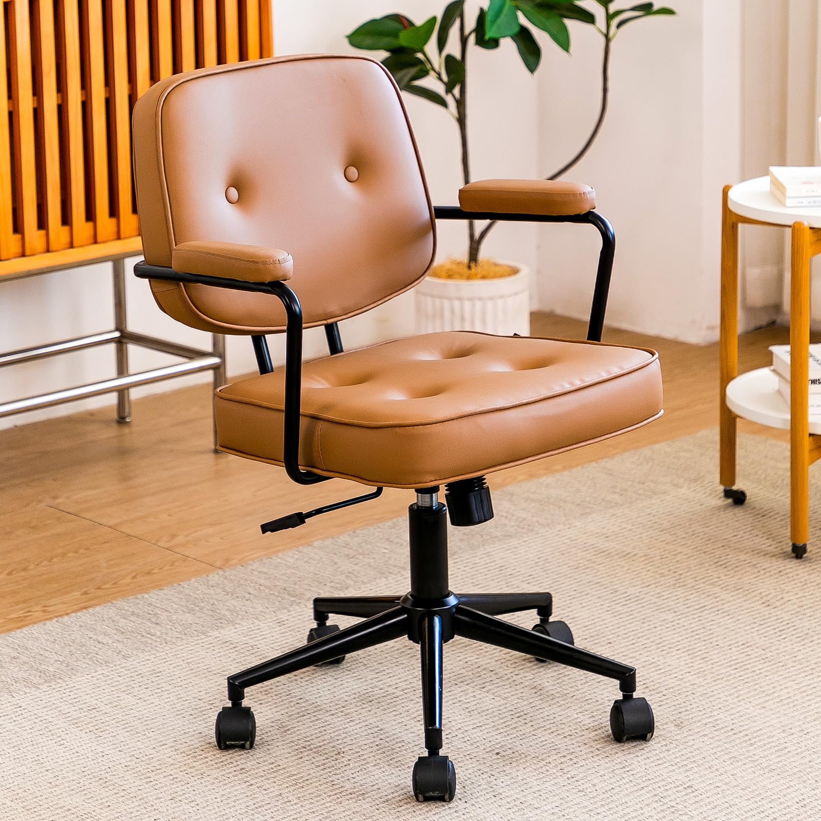 NTailed FOX Mid Century Office Chair, Swivel Desk Chair with Wheels and Arms, Height Adjustable Rolling Chair, Small Leather Office Chair for Adults (Brown)