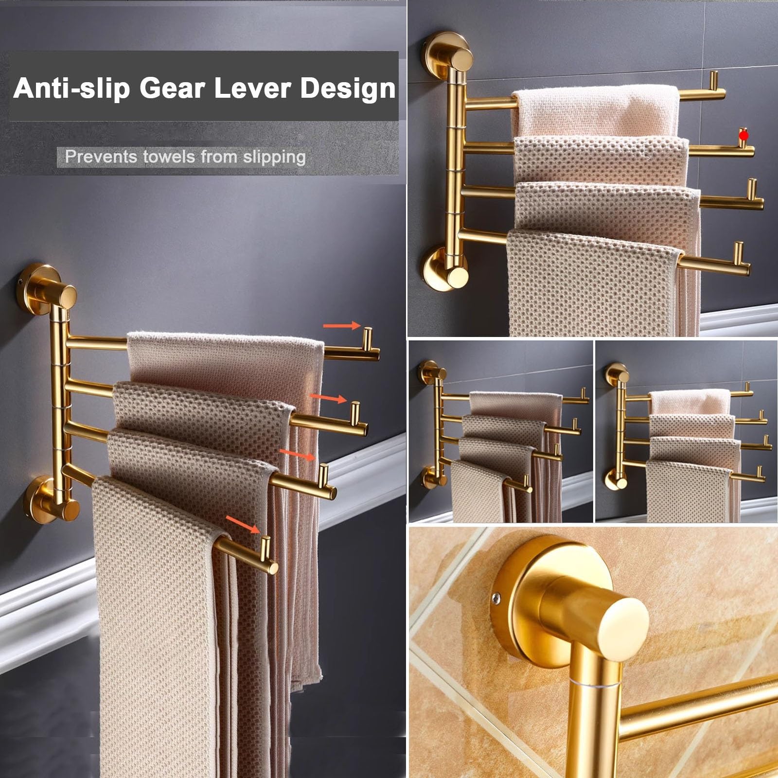 Swivel Gold Bathroom Towel Holder,Swing Out Towel Racks for Bathroom Kitchen,Wall Mount Drying Racks for Laundry,Rustproof Solid Aluminium Towel Hanger Storage Organizer Space Saving Towel Rails (Col