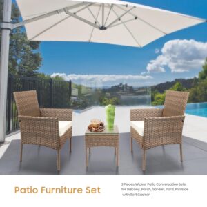 YIYAN 3 Pieces Patio Bistro Set Outdoor Wicker Furniture Outdoor Porch PE Rattan Wicker Chairs Furniture Sets with Sofa Chairs,Glass Coffee Table and White Washable Cushion