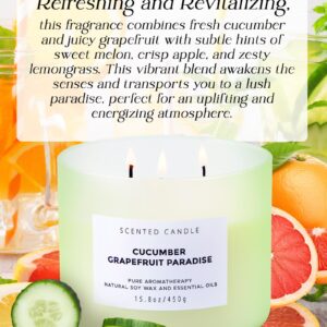 Cucumber Grapefruit Paradise Large Candle - 3 Wick Candle - Highly Scented Candle for Home 15.8 Oz - Natural Soy Candle Long Lasting, Clean Burn - Aromatherapy Stress Relief Candle for Men & Women