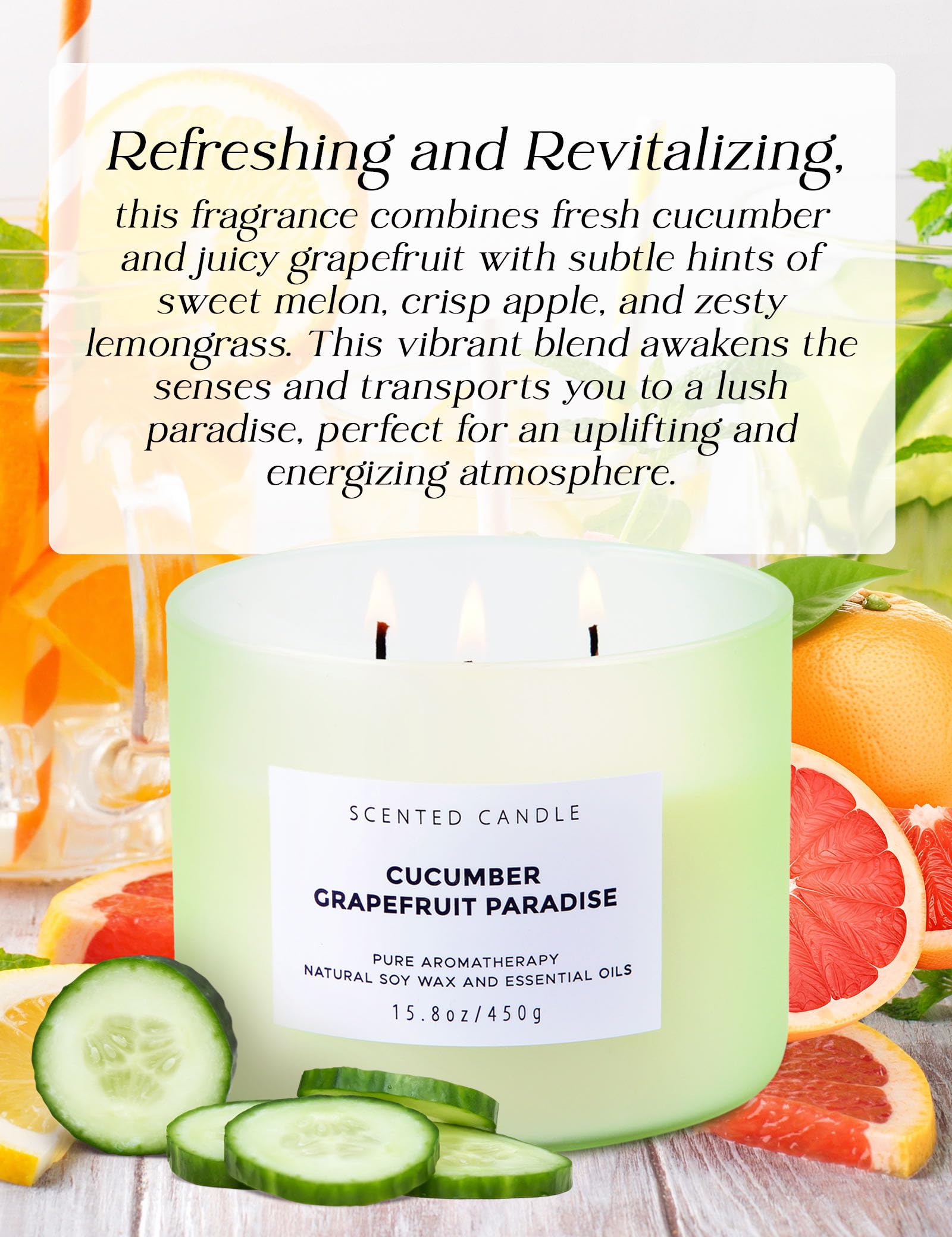 Cucumber Grapefruit Paradise Large Candle - 3 Wick Candle - Highly Scented Candle for Home 15.8 Oz - Natural Soy Candle Long Lasting, Clean Burn - Aromatherapy Stress Relief Candle for Men & Women