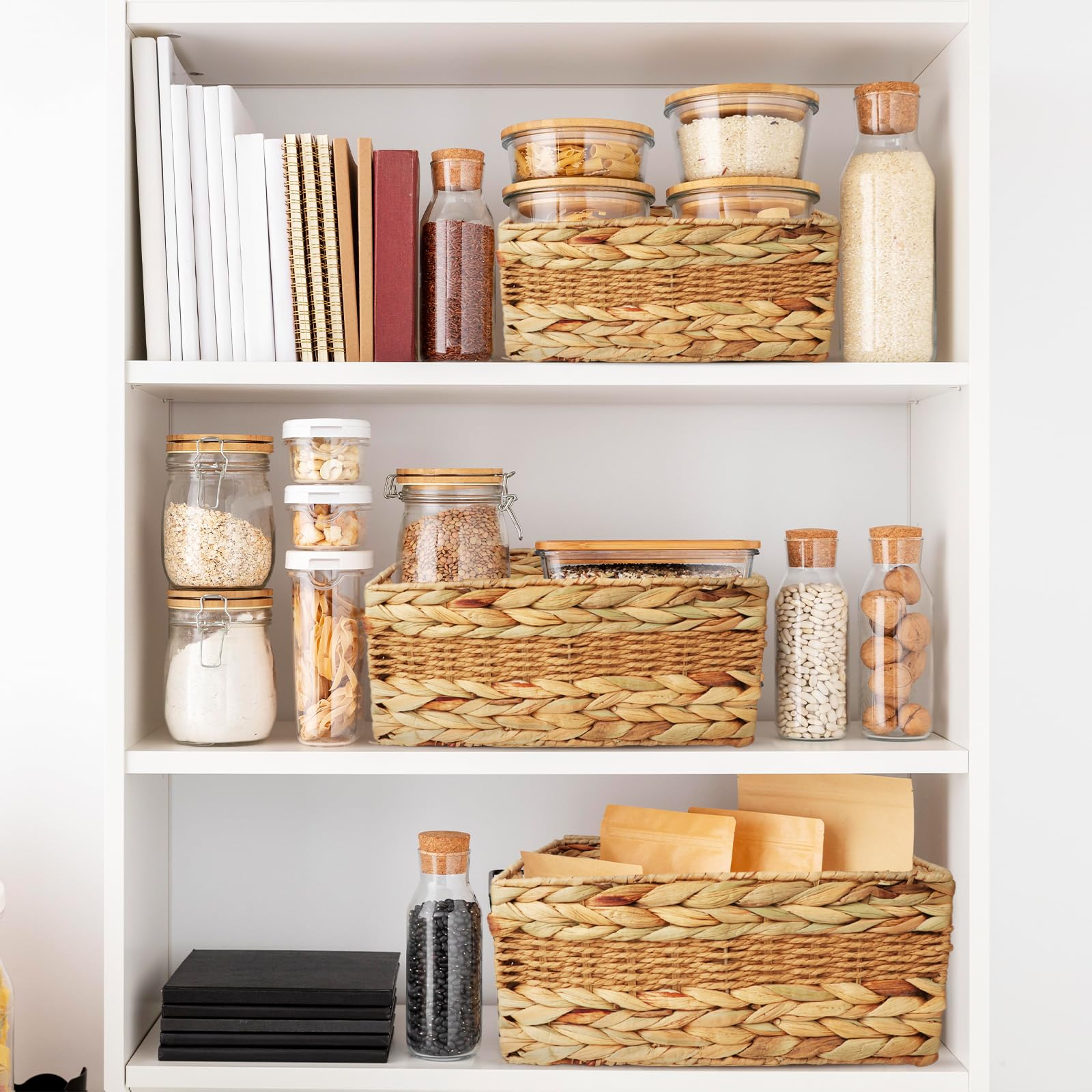 QLoztyse Wicker Baskets for Storage - Water Hyacinth Storage Baskets for Organizing with Built-In Handles and Lids Shelves Handwoven Pantry Basket Rectangular Basket for Shelf Storage - 3 Pack