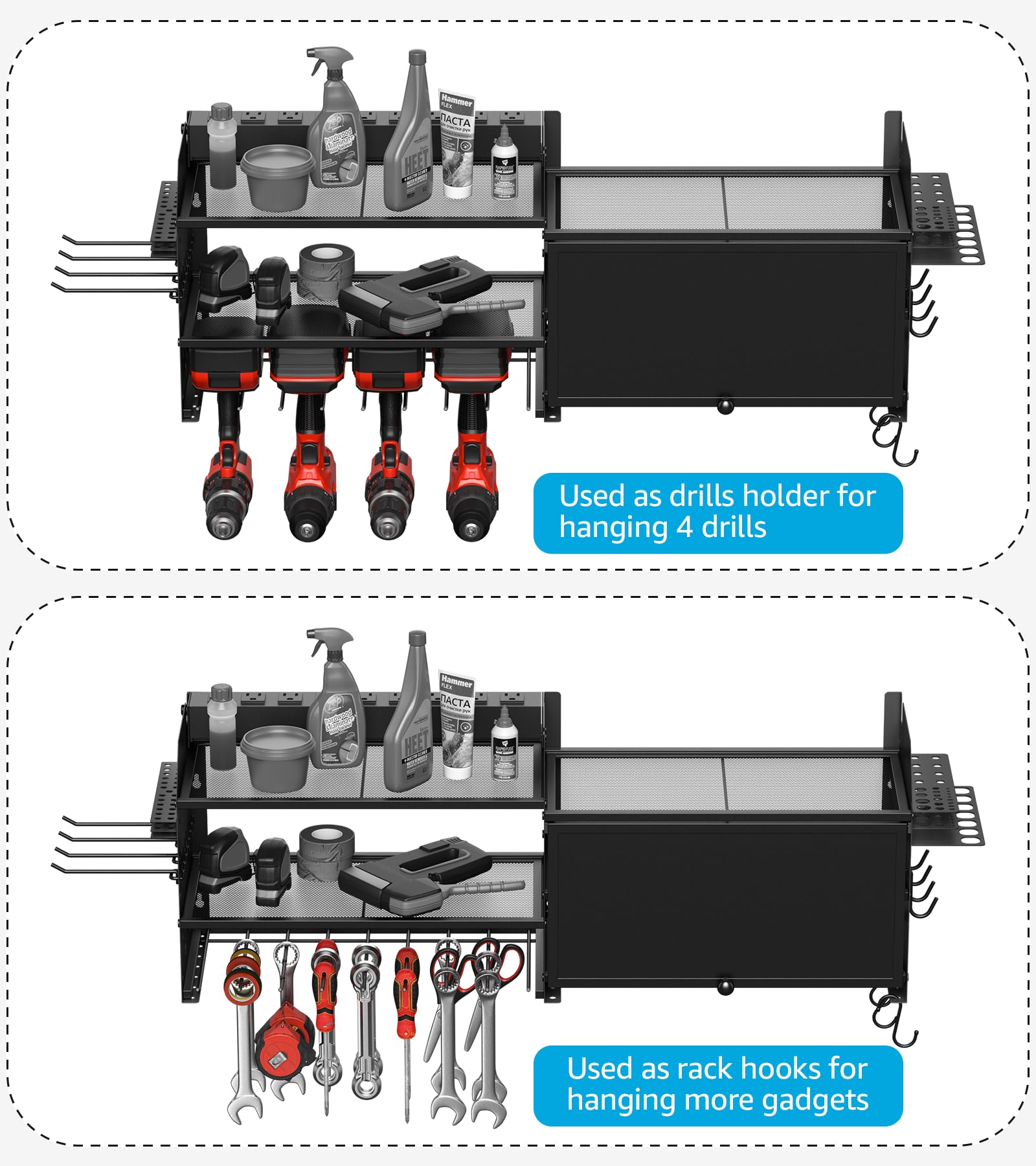 CCCEI Power Tools Organizers with Charging Station. Drills and Battery Holder Wall Mount with Cabinet Storage. Garage Rack Shelf with Power Strip. Gifts for Men, Father.